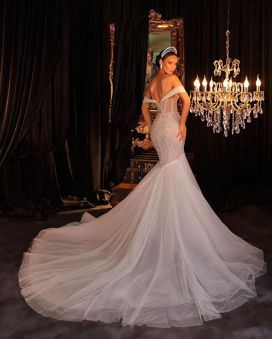 Sexy Mermaid 2024 Wedding Dresses Beaded Off Shoulder Sequins Organza Lace Up Bridal Gown Vestidos De Novia 326