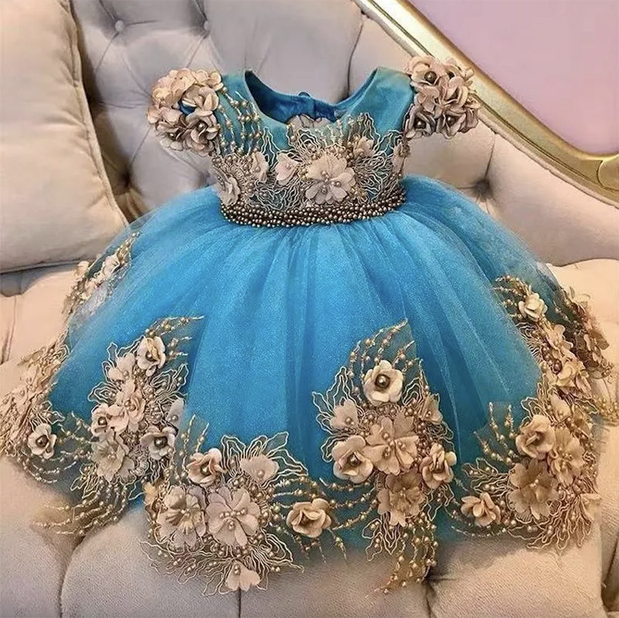 3D Floral Appliques Blue Little Flower Girls Dresses For Wedding Party Short Sleeve Pearls Beaded Kids First Communion Gowns Knee Length Toddler Chris