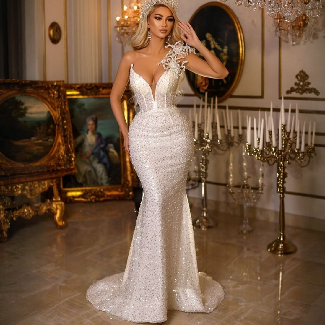2024 African Mermaid Dress Bride Bridal Gowns Illusion One Shoulder Sequined Lace Pearls Beaded Wedding Gown For Nigeria Black Women Girls D183