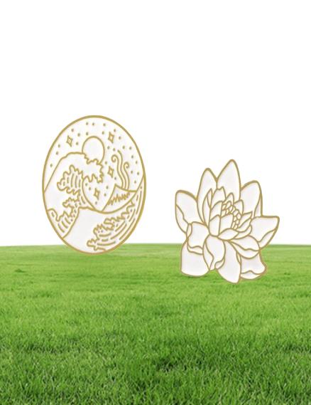 Enamel Brooch Pin Lotus Flower Wave Round Badge Seaside Star Moon Ocean Plant Brooches Pins Hat Coat Jewelry Gifts 1493 E3