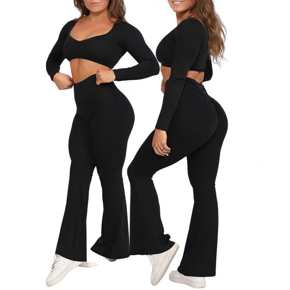 Scrunch Flare Leggings for Women 2 Piece Yoga Workout Gym Sets Long Sleeve Crop Top Fiess Dancing Clothes 240322
