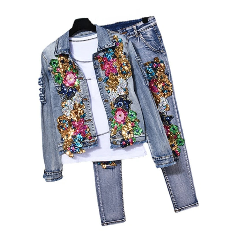 European Style Denim Suit Fashion Outfit Women Flower Sequined Jacket Short Jeans Pants TwoPiece Set Female 240321