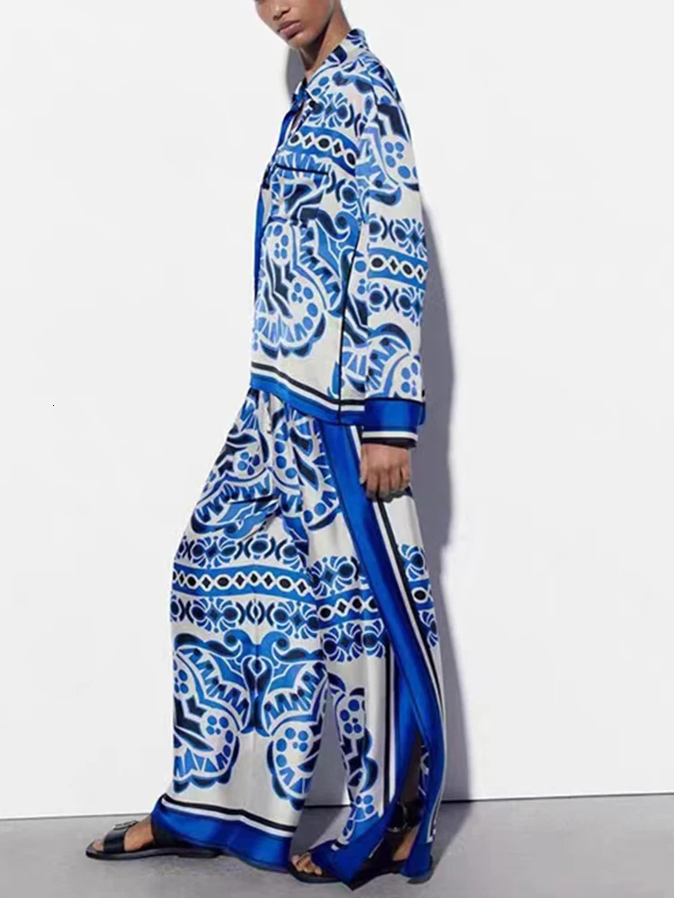 ZBZA Womens Fashion Blue Printed Satin Shirt Retro Loose Wide Leg Pants Two Piece Set Street Shoot Casual Women Trousers 240314