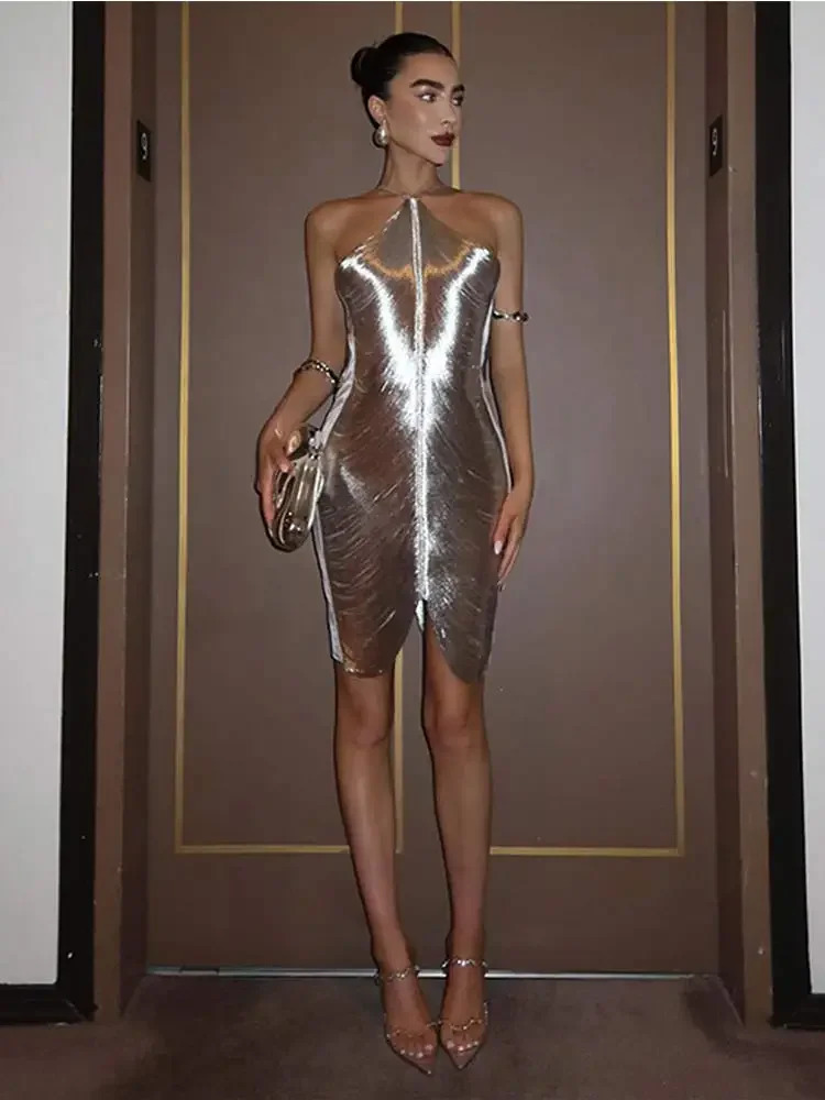 Elegant Silver Off Shoulder Backless Mini Dres Sleeveless Slim Fit Short Dresses 2024 Fashion Lady Party Prom Vestido 240314