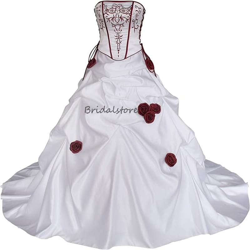 Embroidery Gothic Wedding Dresses 2024 Sexy Strapless Pleat Corset 3D Florals Church Wedding Gowns Lace Up Corset Midevil Satin Country vestidos de no