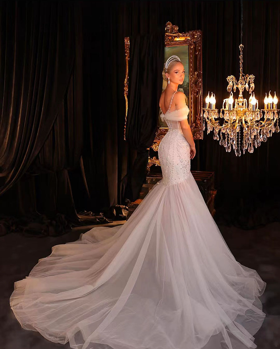 Sexy Mermaid 2024 Wedding Dresses Beaded Off Shoulder Sequins Organza Lace Up Bridal Gown Vestidos De Novia 326