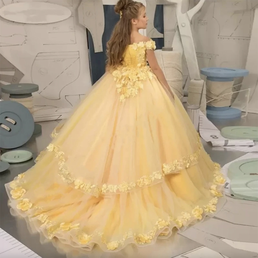 Yellow Flower Girl Lace Tulle Beading Appliqued Pageant For Girls First Communion Kids Prom Dresses 0509