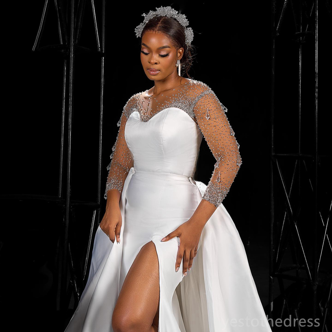 2024 African Mermaid Wedding Dress For Bride Bridal Gowns With Detachable Train Illusion Long Sleeves Jewel Rhinestones Crystals Satin Dress for Black