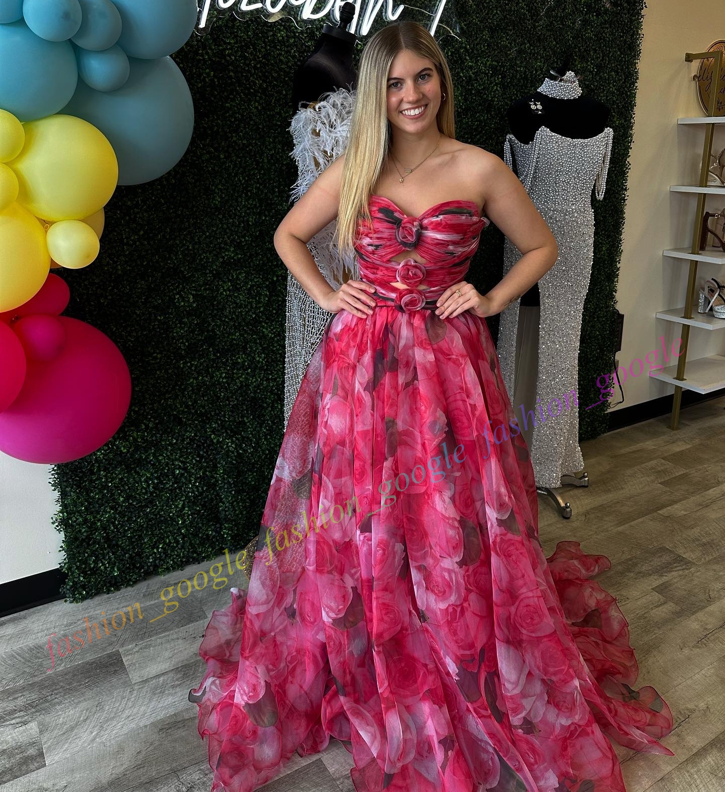 Rosette Printed Chiffon Prom Dress 2k24 Center Keyhole Pink Rose Floral Long Winter Spring Formal Evening Cocktail Gala Party Pretty Pageant Runway Go