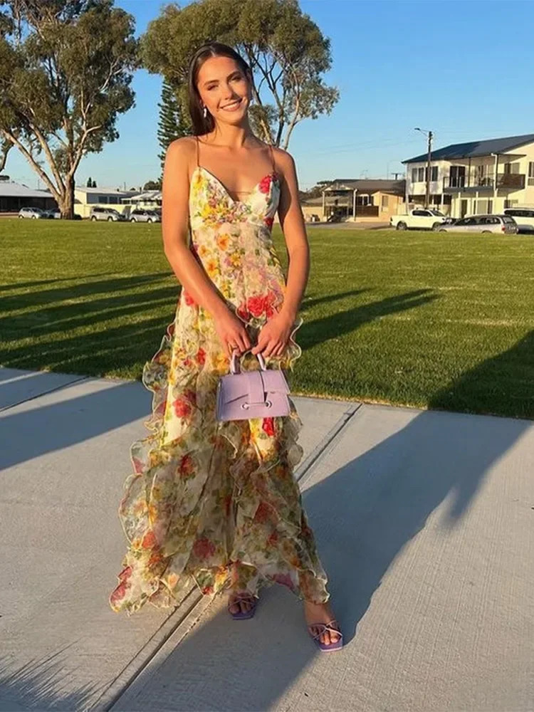 Tierred Ruffles Flower Backless Print Sling Maxi Dress Bohe Sleeveless Bodycon Vestidos Female Beach Holiday Long Robe 240314