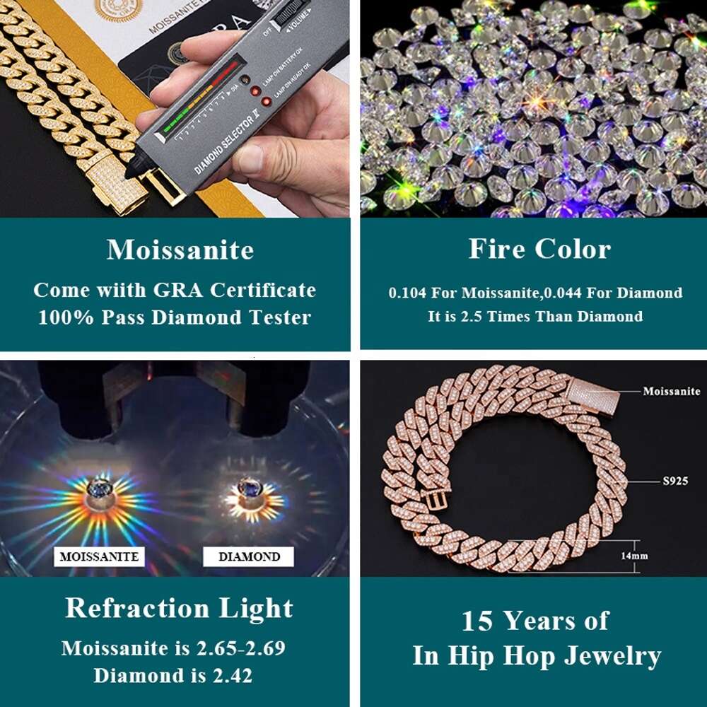 Selling Pass Diamond Tester 925 Solid Silver 10mm Two Rows Iced Out Hip Hop Vvs Moissanite Cuban Link Chain Necklace
