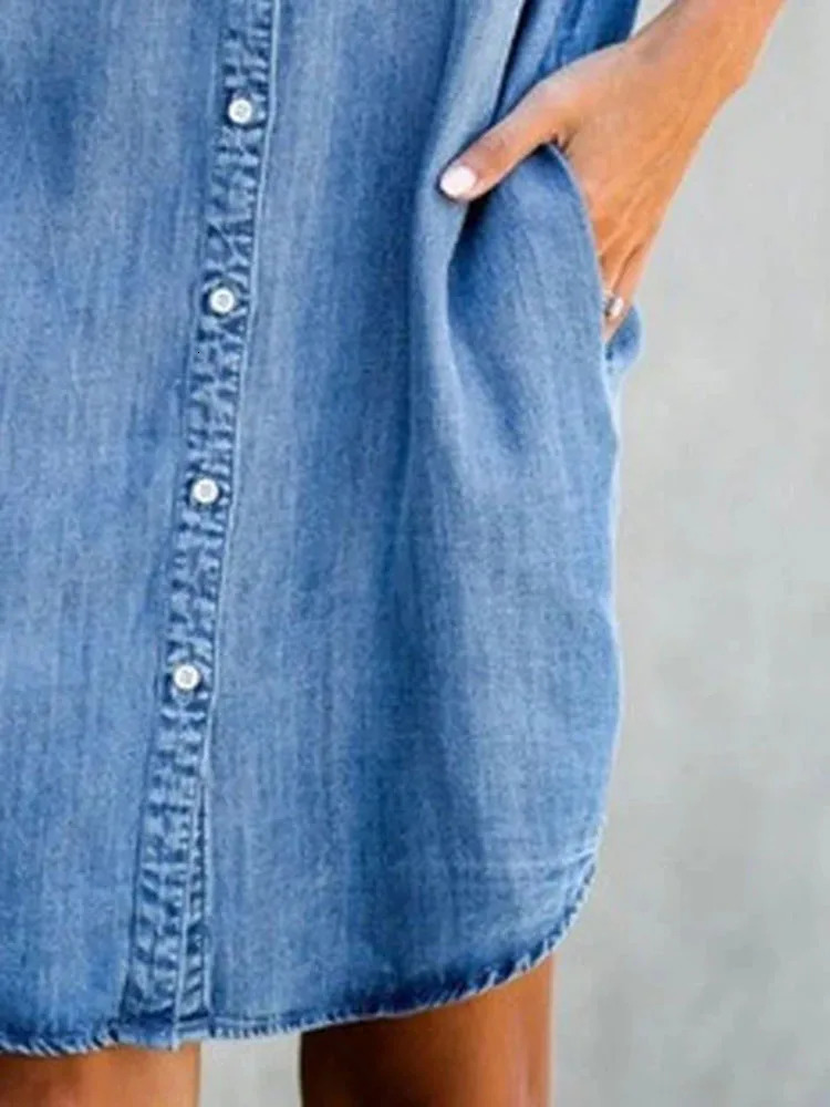 Summer Single Breasted Denim Shirt Dress Casual Loose Pocket Simple Retro Female Office Short Skirt 240314