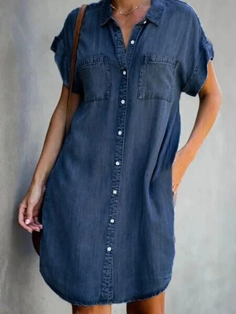 Summer Single Breasted Denim Shirt Dress Casual Loose Pocket Simple Retro Female Office Short Skirt 240314