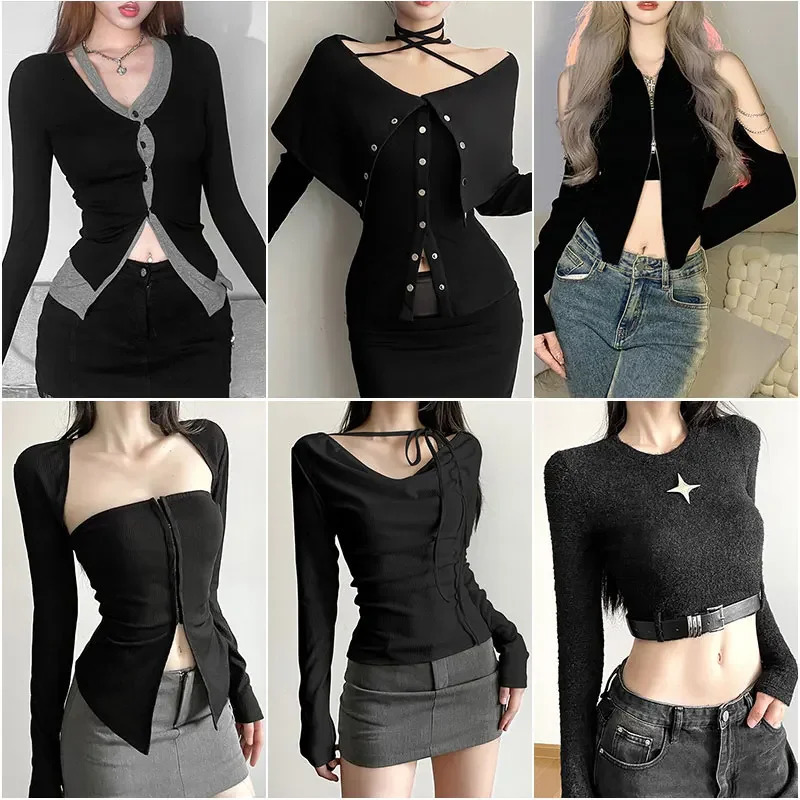 Sexy Vintage Crop Tshirts Long Sleeve Slim T Shirt Autumn Korean Style Chic Sweet Y2K Aesthetic Streetwear Female Tee 240321