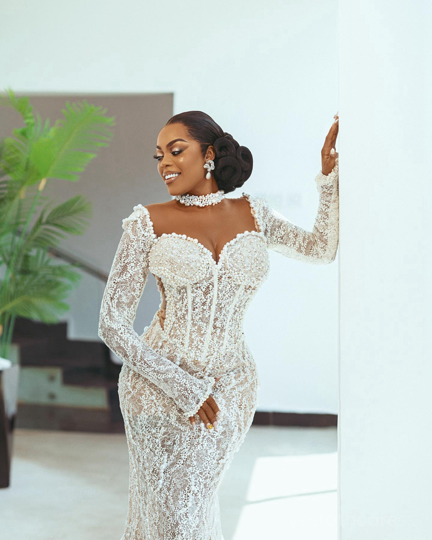 2024 African Mermaid Wedding Dress For Bride Bridal Gowns Illusion High Neck Long Sleeves Beaded Lace Pearls Wedding Gowns for Nigeria Black Women Gir