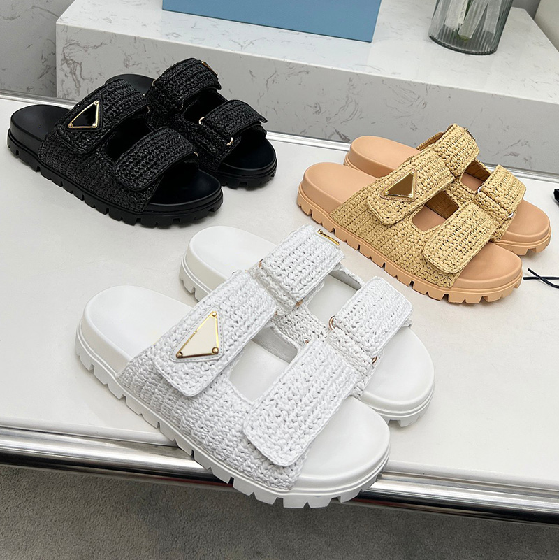 Italie Designer Platform Sandals Femmes Mules Raffiah Paille Plaies Triangle tissée Sandale Sandale Chunky Slide Beige Classic Slip on Slipper Fl