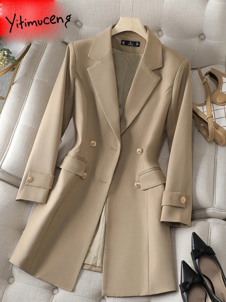 Yitimuceng Turn Down Collar Blazers for Women Fashion Solid Casual Double Breasted Coats Office Ladies Long Sleeve Jacket 240318