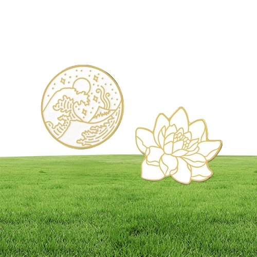Enamel Brooch Pin Lotus Flower Wave Round Badge Seaside Star Moon Ocean Plant Brooches Pins Hat Coat Jewelry Gifts 1493 E3