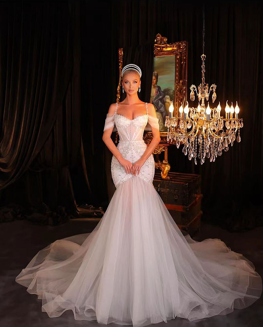 Sexy Mermaid 2024 Wedding Dresses Beaded Off Shoulder Sequins Organza Lace Up Bridal Gown Vestidos De Novia 326