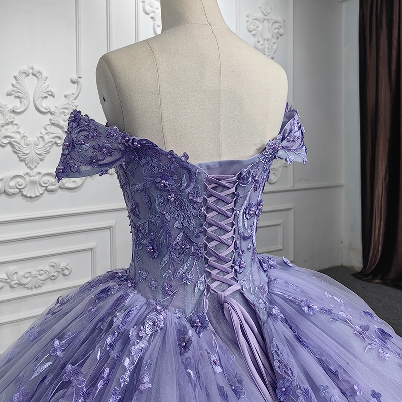 Purple Glitter Princess Quinceanera Dresses Off Shoulder Applique Lace Floral Tull Lace-up Party Birthday Vestido de 15 anos Sweet 16 Dress