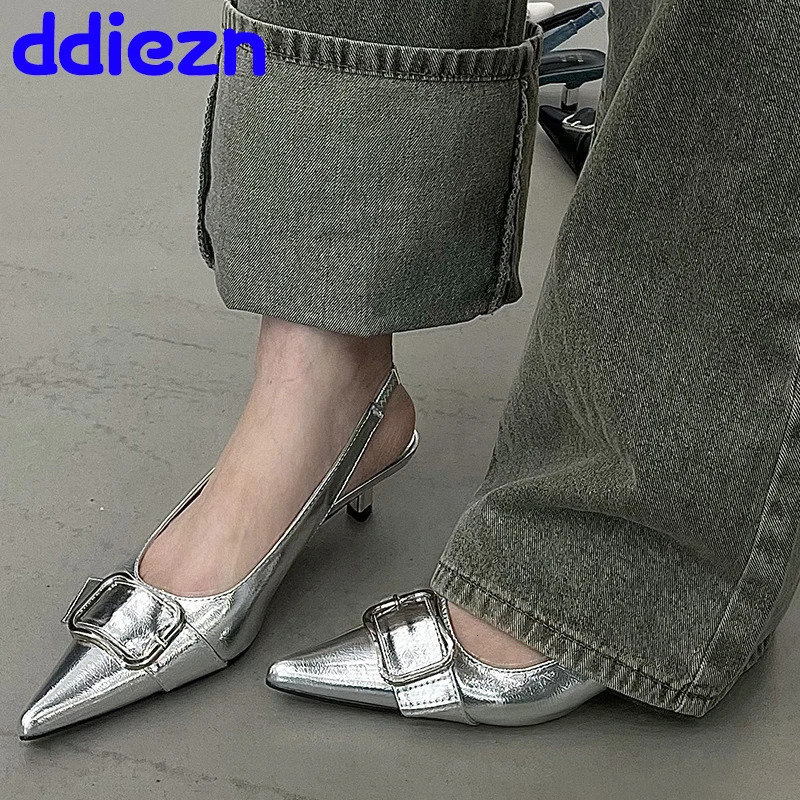 Fashion Metal Silver Women In Shoes With Low Heel Slides Pointed Toe Ladies Heels Buckle Female Slingbacks Sandals 240320