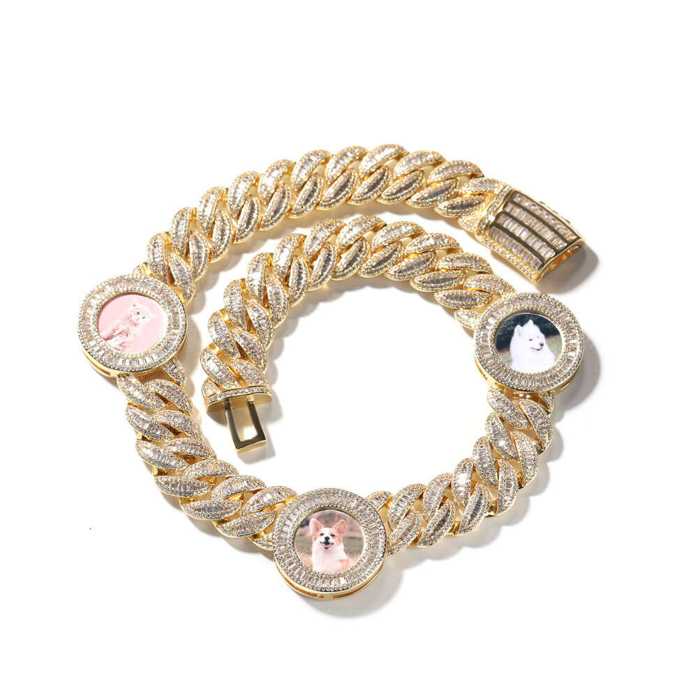 Hip Hop Bling Custom Photo Cuban Link Chain Necklace Ins Round Photo Diy Picture Gold Diamond Curb Chains Unisex Personalized Iced Out Cubic Zirconia 