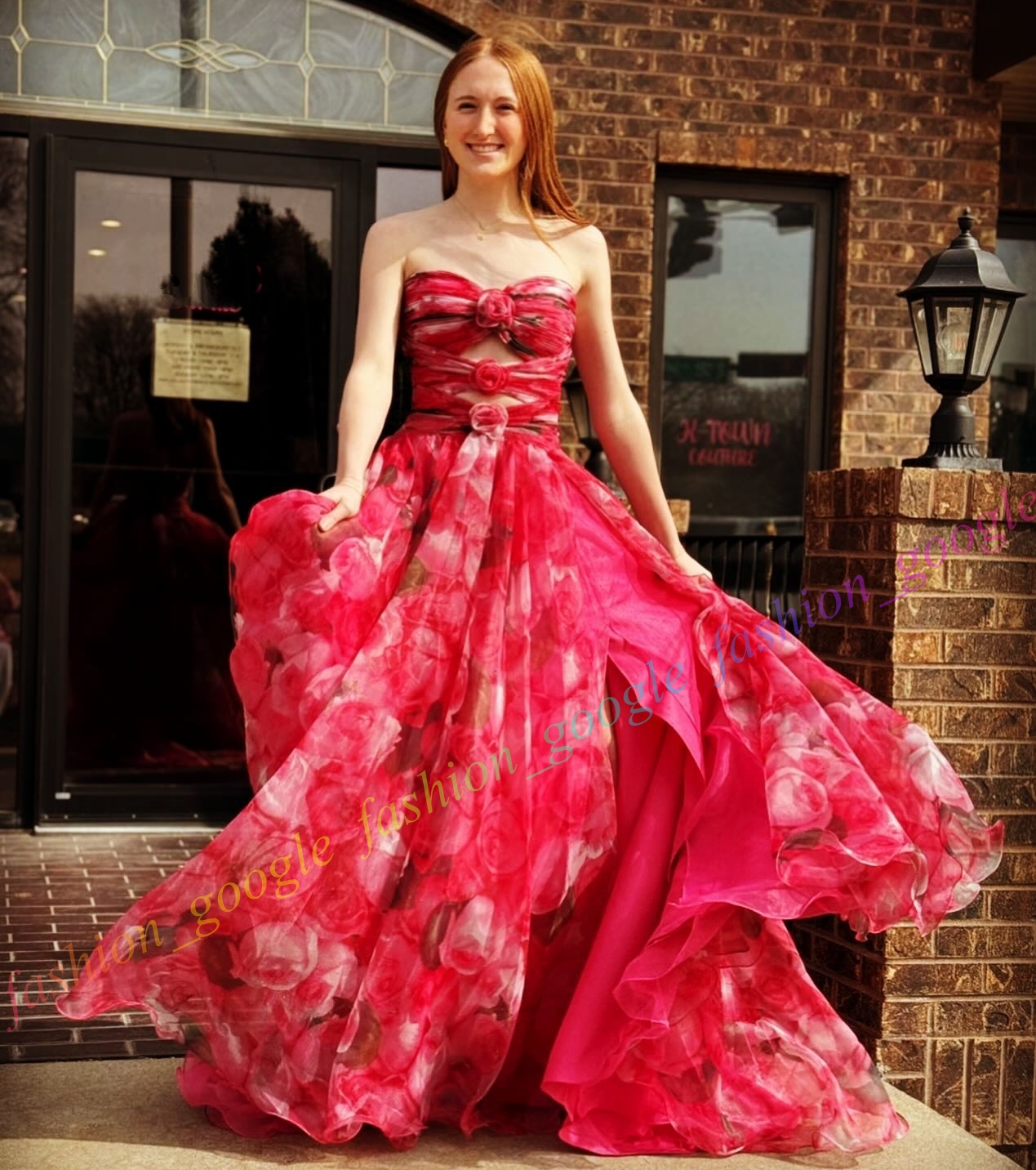 Rosette Printed Chiffon Prom Dress 2k24 Center Keyhole Pink Rose Floral Long Winter Spring Formal Evening Cocktail Gala Party Pretty Pageant Runway Go