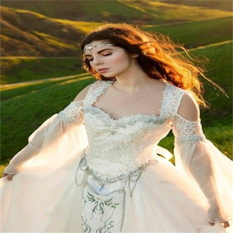 Renaissance Fantasy Viking Wedding Dresses 2024 Appliques Lace Embroidery Medieval Elvish Bridal Gowns Flare Long Sleeve Grecian Roman Bride Dress Wit