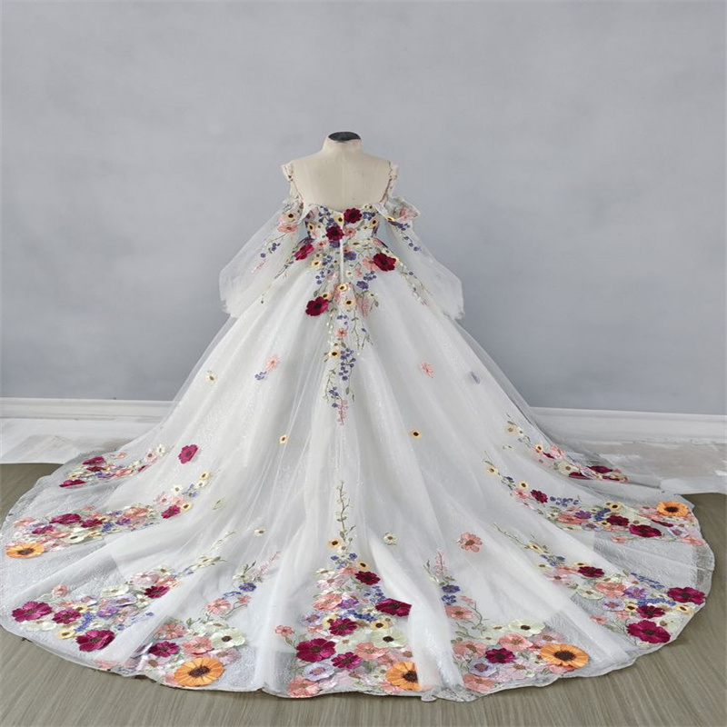 3D Colorful Flowers Wedding Dresses With Color Whimsical Elvish Country Bridal Gowns Puff Sleeves Vestidos De Novia Court Train Unique Nontraditional 