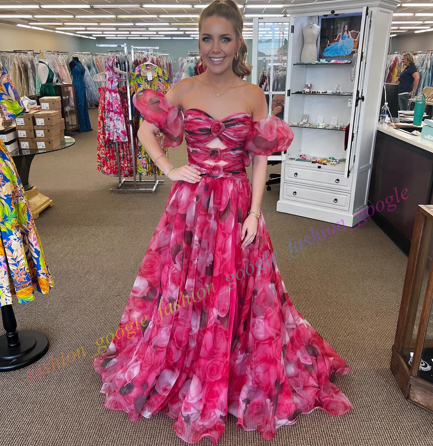 Rosette Printed Chiffon Prom Dress 2k24 Center Keyhole Pink Rose Floral Long Winter Spring Formal Evening Cocktail Gala Party Pretty Pageant Runway Go