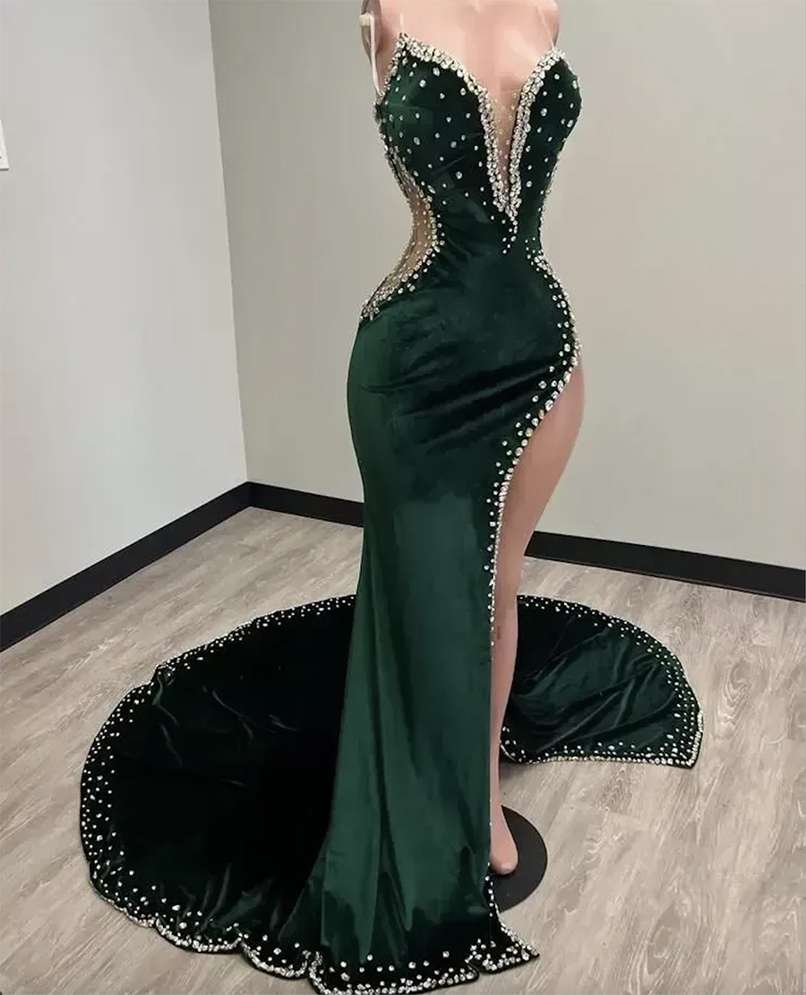 Mermaid Prom Dresses Beaded Neck Side Split Veet Rhinestones Stunning Gowns Sweep Train Plus Size Formal Wear 0509