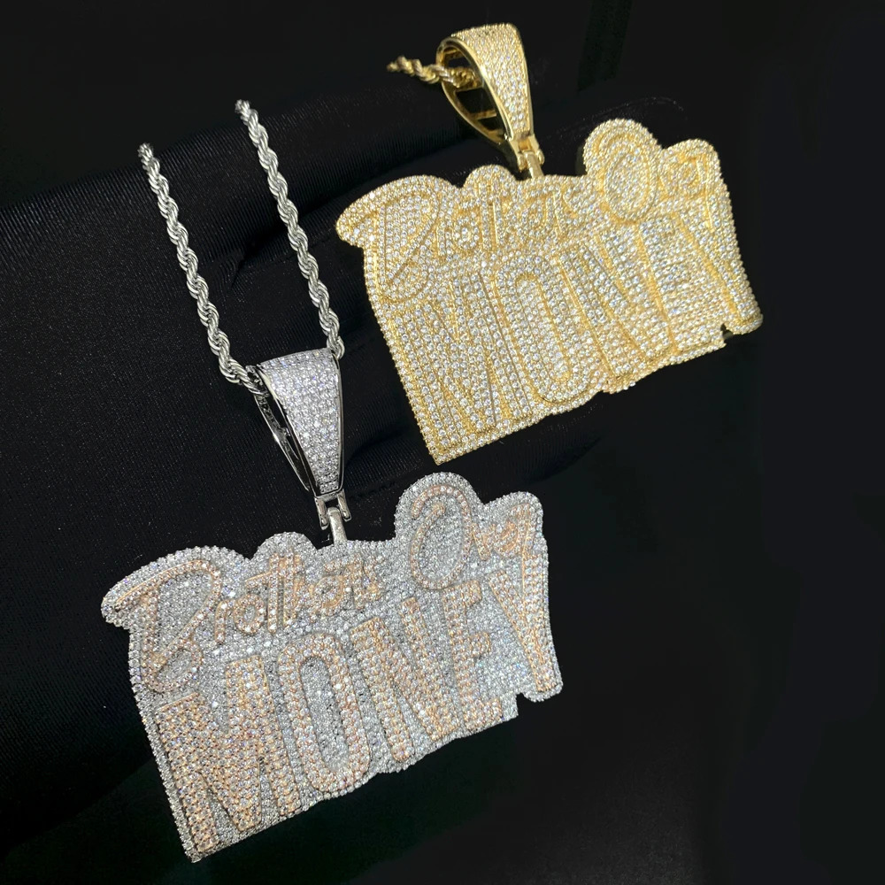 Hip Hop Brothers Over Money Pendant Necklace Gold Color Iced Out Bling CZ Cubic Zirconia Letters Charm Men Women Jewelry 240313