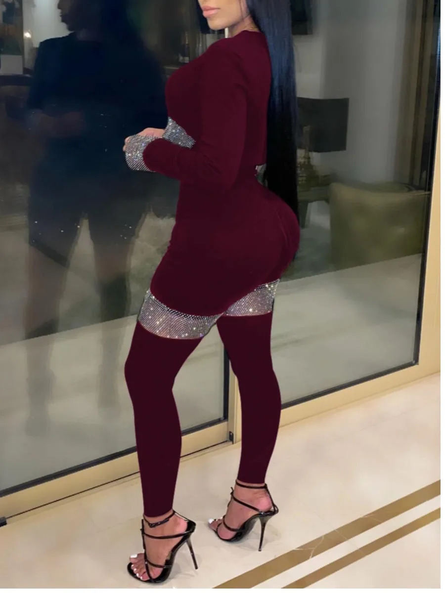 LW Plus Size Crop Top See Through Sequined Pants Set Elegant Sexy Long Sleeve Two-pieces Autumn Round Neck Crop Top Pant 240321