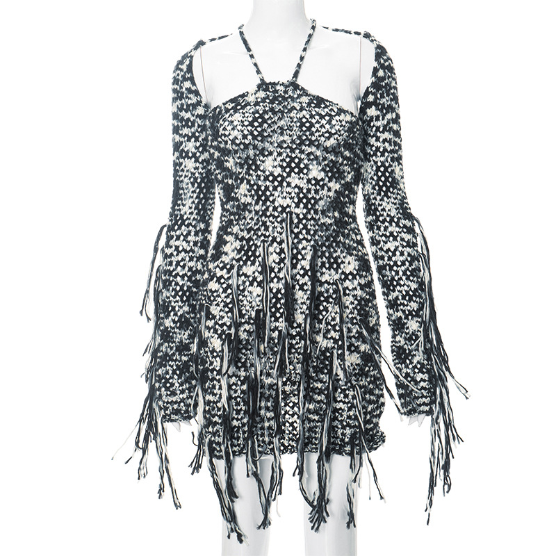 Basic & Casual Dresses Women New Knitted Contrast Color Tassel Mini Dress Fall Sexy Strapless Halter Backless Party Club Outfits Long Sleeve Cape Suit