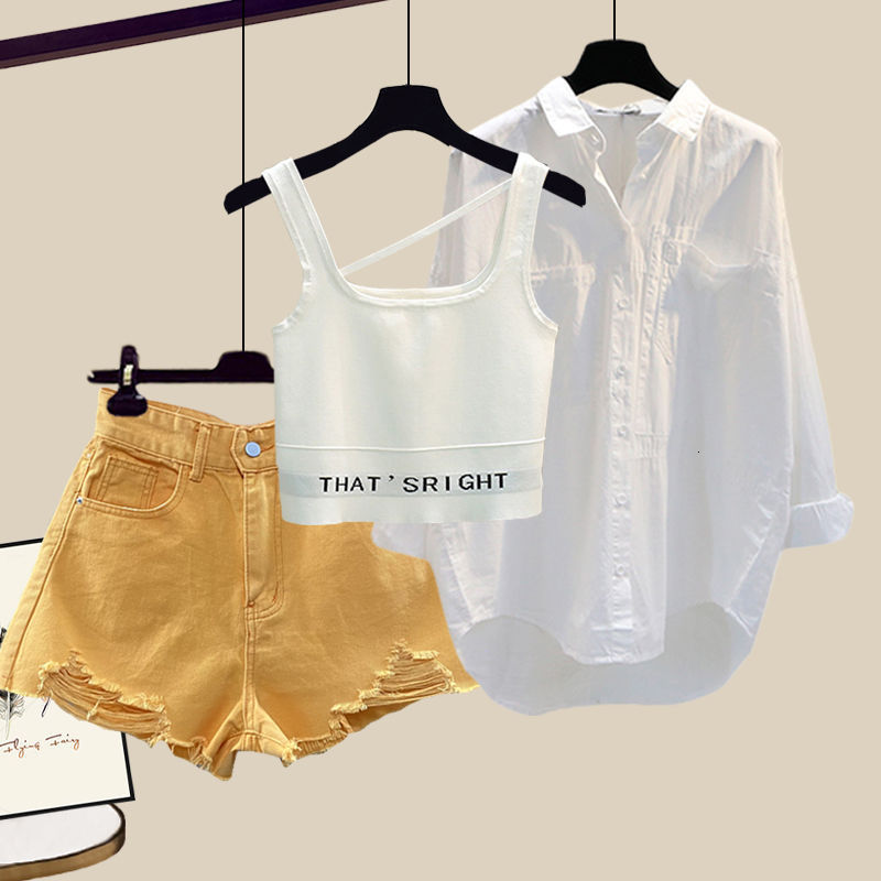 Women's Two Piece Pants Korean Summer Casual Set Green Wide Leg Trousers White Shirt Suspender Vest Three Female Tracksuit Blous 221130