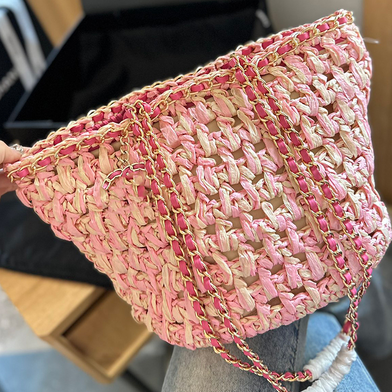 23P Large Capacity Designer Women Summer Beach Straw Shoulder Bag Gold Hardware Hand Held Chain Metal Pendant Of The Same Color As The Bag Daily Handbag 27x23cm