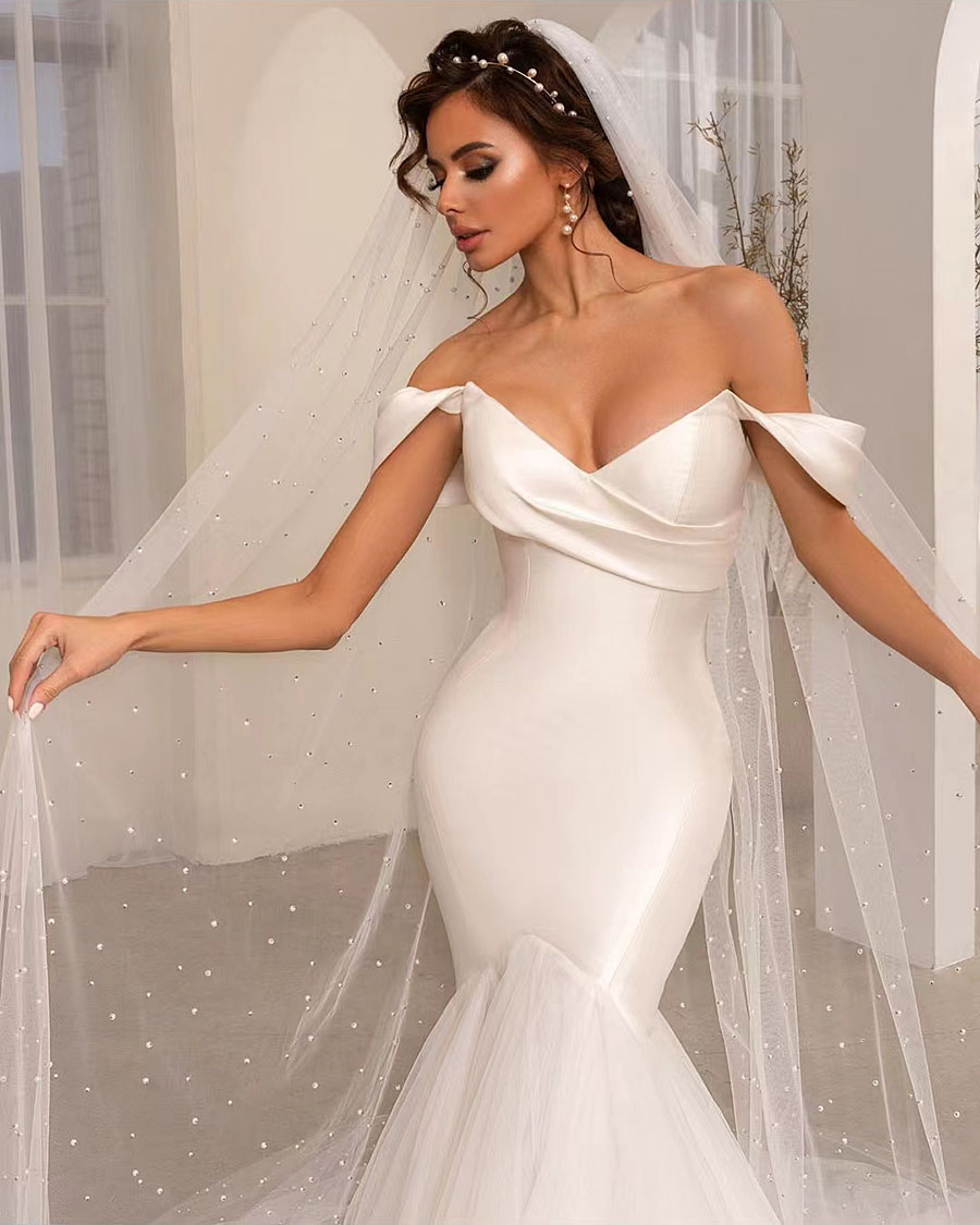 Patchwork Tulle Satin Stain Mermaid Wedding Dress V Neck Off the Shoulder Elegant Bridal Gowns Vestidos De Novia 2024 326 estidos