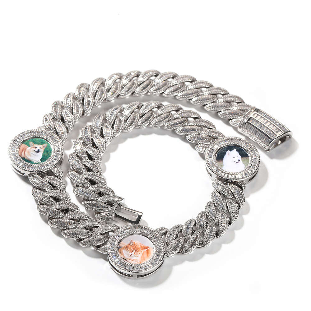 Hip Hop Bling Custom Photo Cuban Link Chain Necklace Ins Round Photo Diy Picture Gold Diamond Curb Chains Unisex Personalized Iced Out Cubic Zirconia 