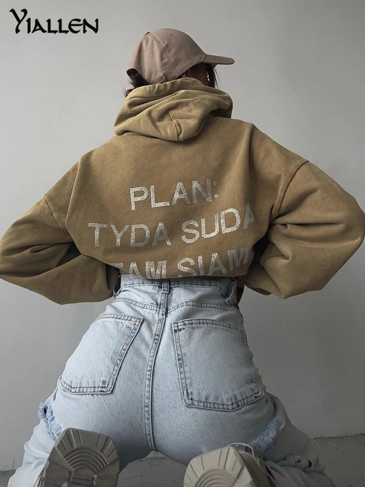 Nibber Autumn High Street Women Coat Casual Hooded Out Wear Fashion Letter Set With Diamonds Long Sleeve Hoodies Streetwear 240318