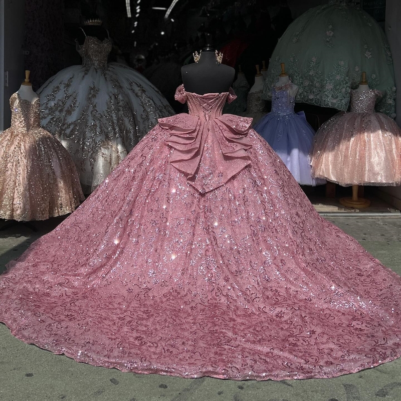 Pink Sweetheart Shiny Quinceanera Dresses Ball Gown Off The Shoulder Lace Beads Crystal Tull Mexican Sweet 16 Dresses 15 Anos