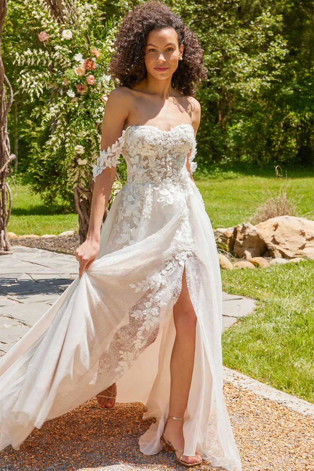 Stunning A Line Wedding Dresses Off the Shoulder Side Split with Lace Appliques Bridal Gown Sequin Skirt Country robe de mariee