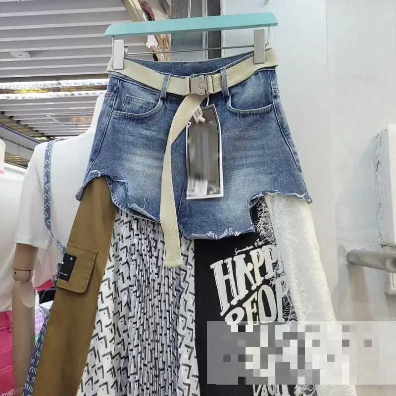 Getspring Women Skirt Long Patchwork Denim Stitching Irregular High Waist Loose Leisure Asymmetrical Pleated 240321 - view 3