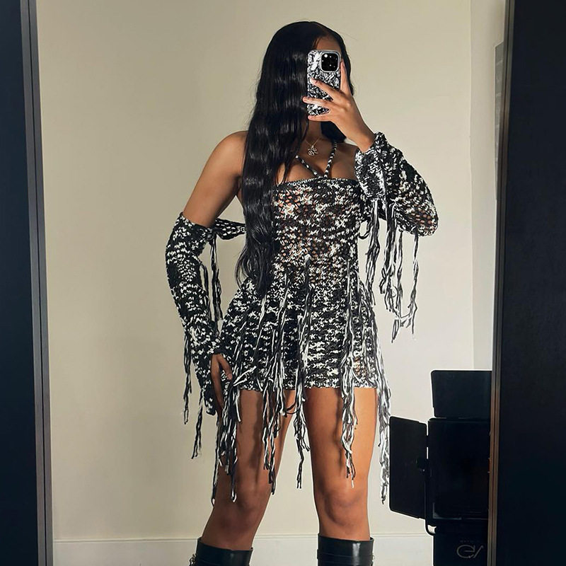 Basic & Casual Dresses Women New Knitted Contrast Color Tassel Mini Dress Fall Sexy Strapless Halter Backless Party Club Outfits Long Sleeve Cape Suit