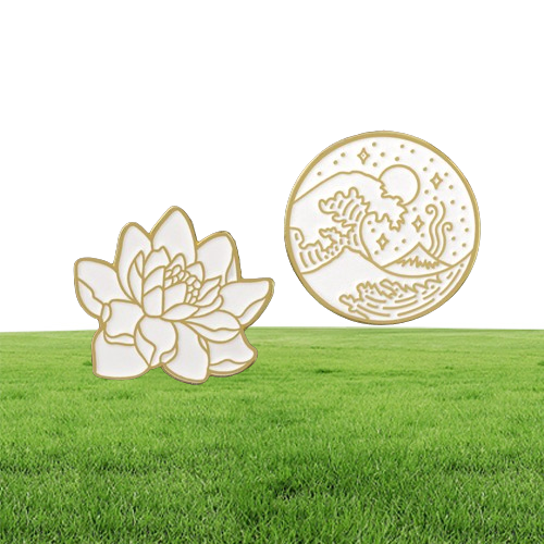 Enamel Brooch Pin Lotus Flower Wave Round Badge Seaside Star Moon Ocean Plant Brooches Pins Hat Coat Jewelry Gifts 1493 E3
