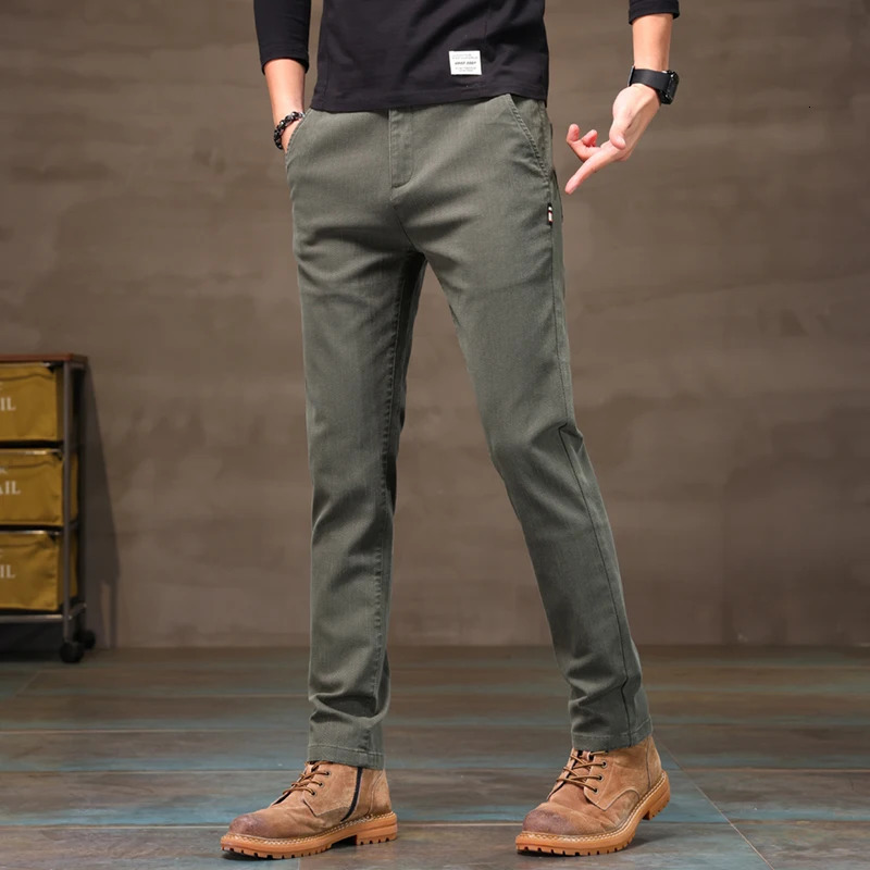 Stretch Casual Pants Men Slim Fit Classic Straight Trousers Solid Black for Button Fly Denim Textured 240319