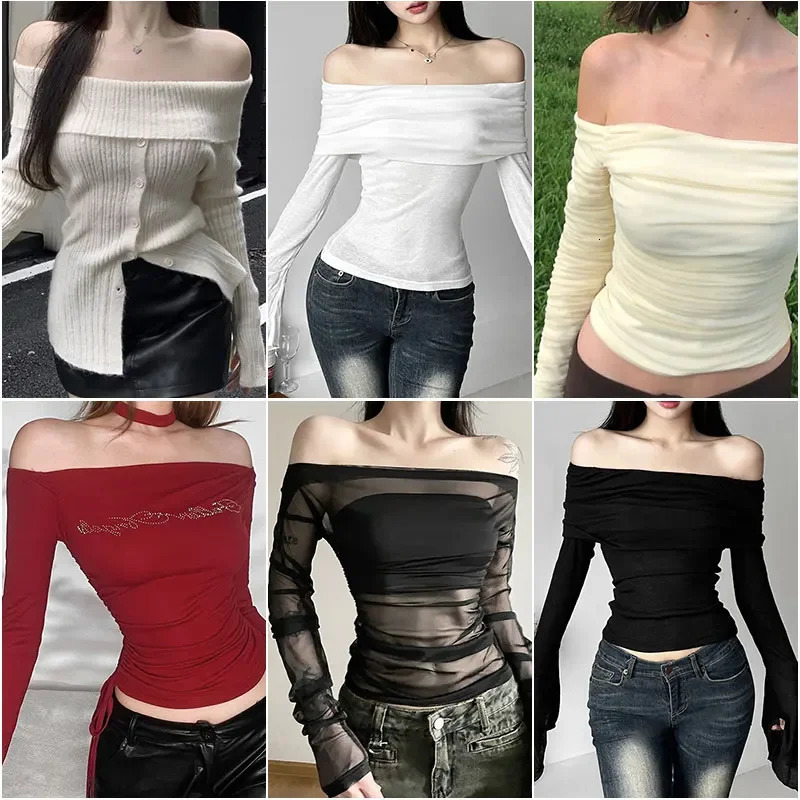 Sexy Vintage Crop Tshirts Long Sleeve Slim T Shirt Autumn Korean Style Chic Sweet Y2K Aesthetic Streetwear Female Tee 240321