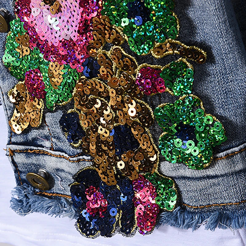 European Style Denim Suit Fashion Outfit Women Flower Sequined Jacket Short Jeans Pants TwoPiece Set Female 240321