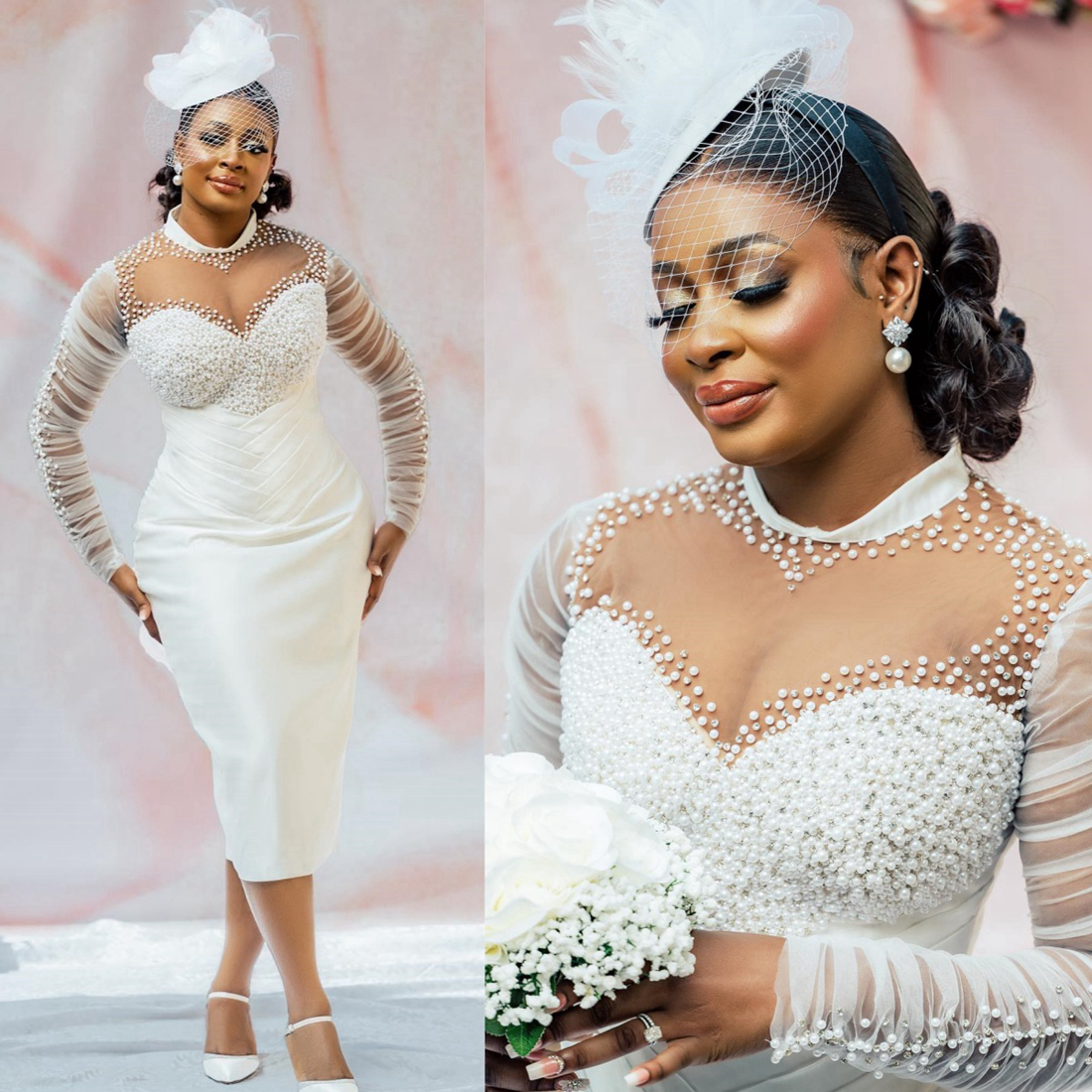 2024 African Short Wedding Dress For Bride Bridal Gowns Illusion High Neck Long Sleeves Beaded Pearls Lace Satin Wedding Gown For Nigeria Black Women 
