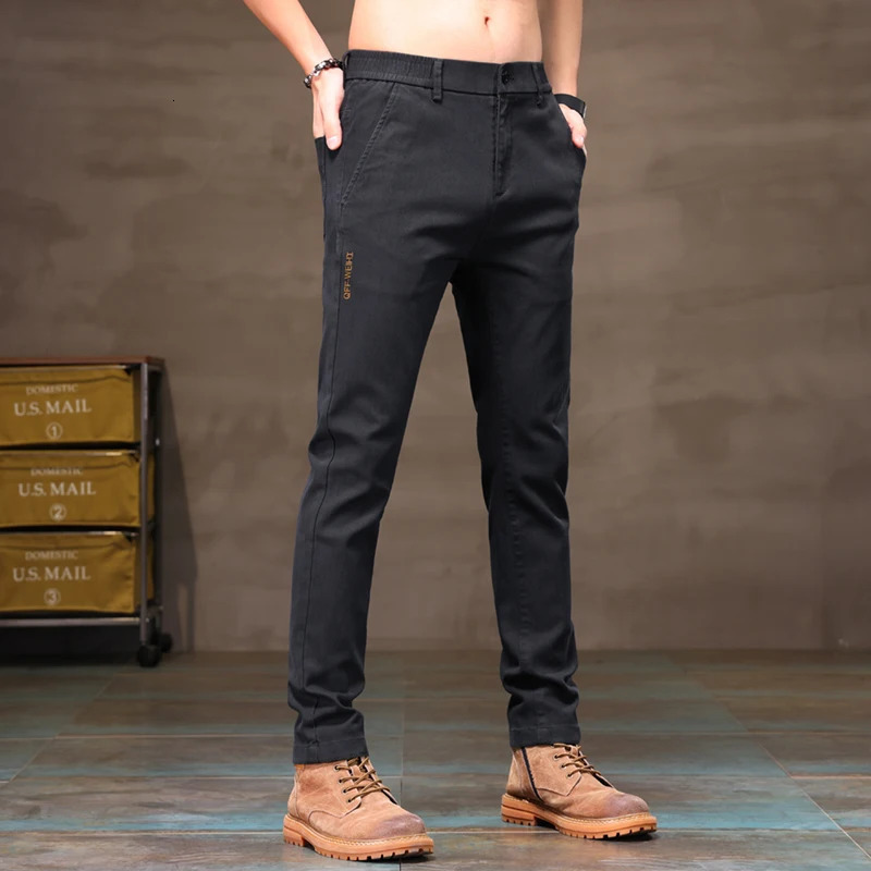 Stretch Casual Pants Men Slim Fit Classic Straight Trousers Solid Black for Button Fly Denim Textured 240319