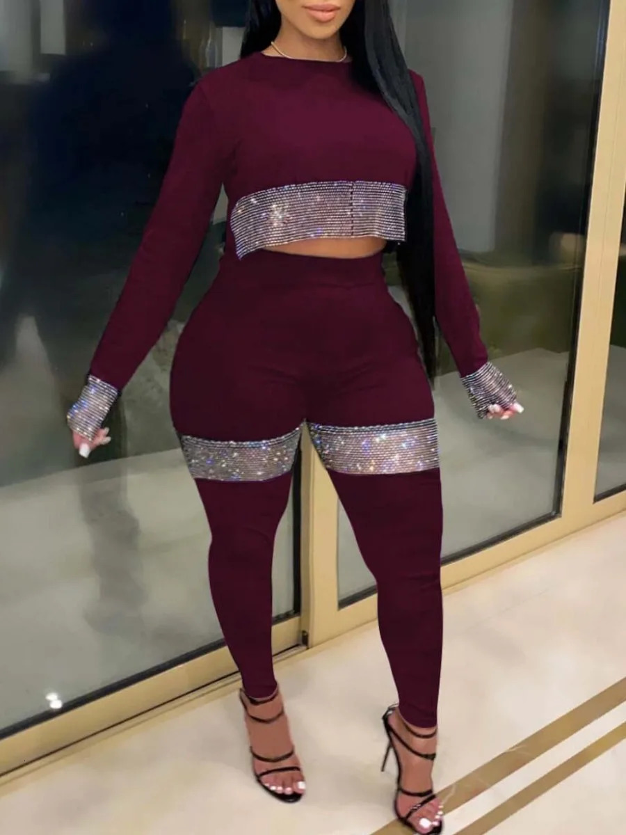 LW Plus Size Crop Top See Through Sequined Pants Set Elegant Sexy Long Sleeve Two-pieces Autumn Round Neck Crop Top Pant 240321